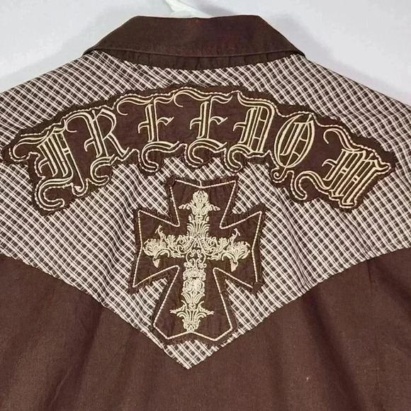 Vintage‎ GUESS Men's Cowboy Shirt L Slim "Freedom" Cross Embroidered Snaps Brown - Picture 2 of 13